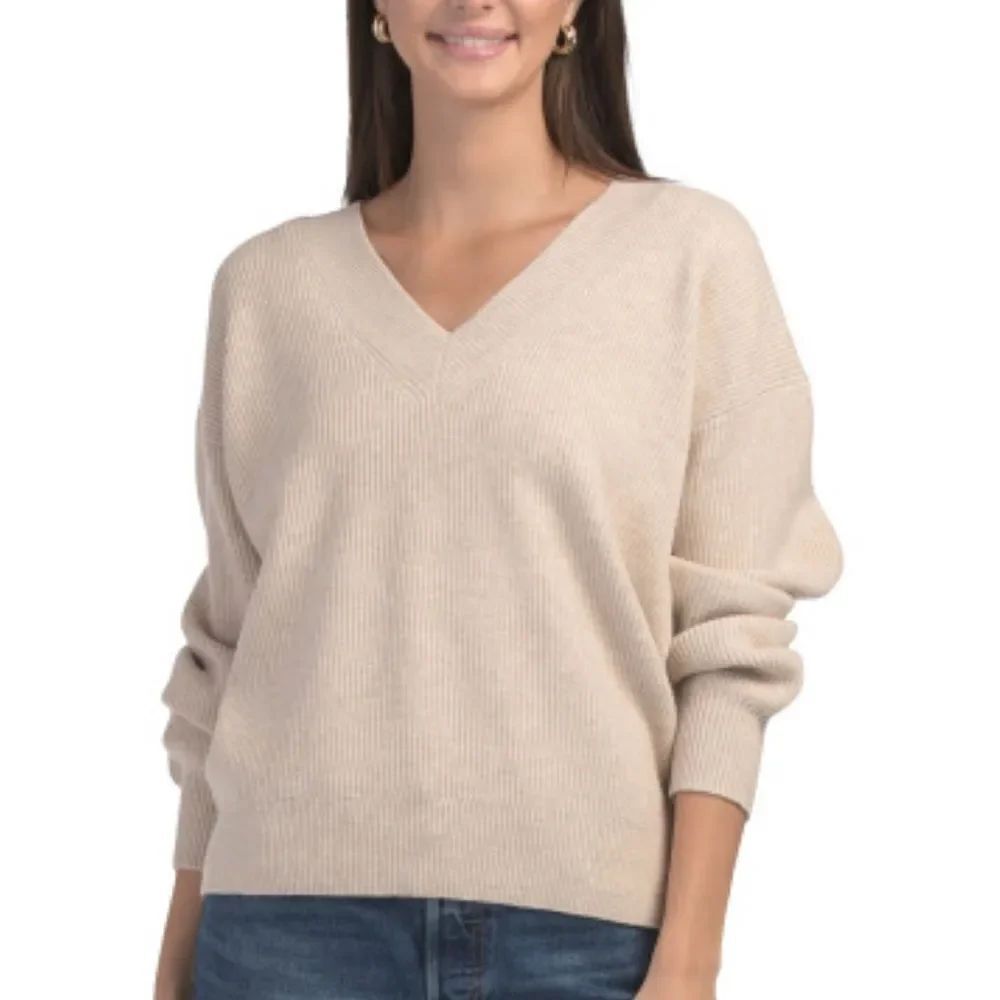 525 America XS-S Luxe Oversized Wheat Light Brown V-Neck Balloon Sleeve Sweater